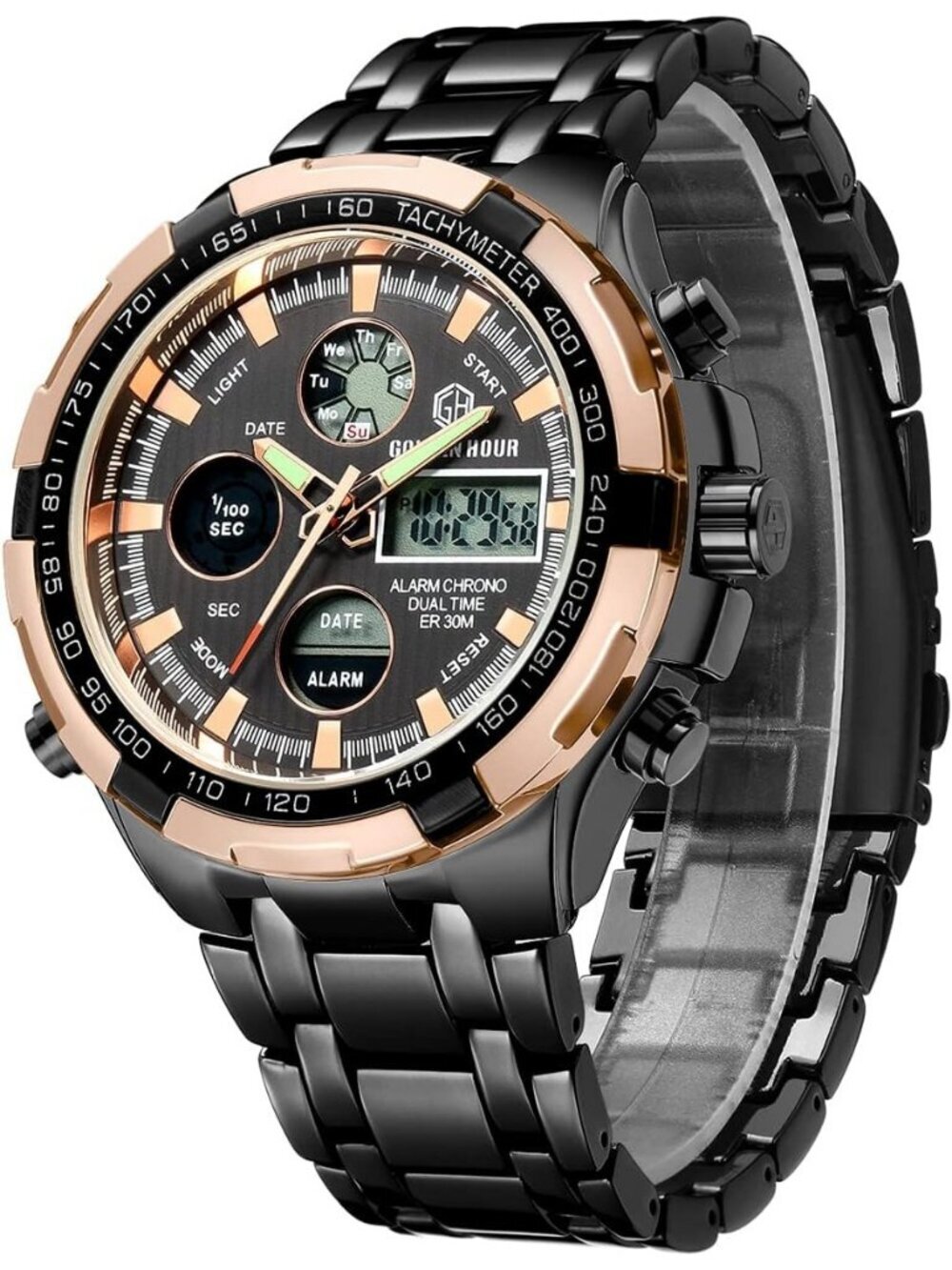 Men's Rose Gold Black Stainless Analog Digital Outdoor Waterproof Luxury Watch
